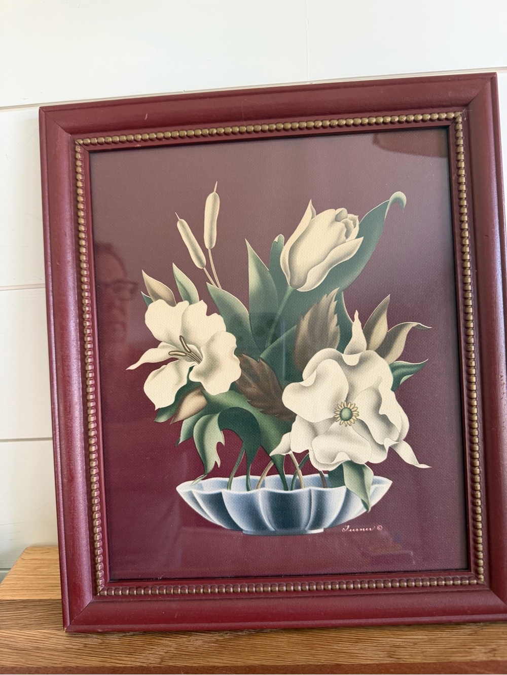 Vintage TURNER Framed Floral Art Print Ivory Flowers Dark Red Frame